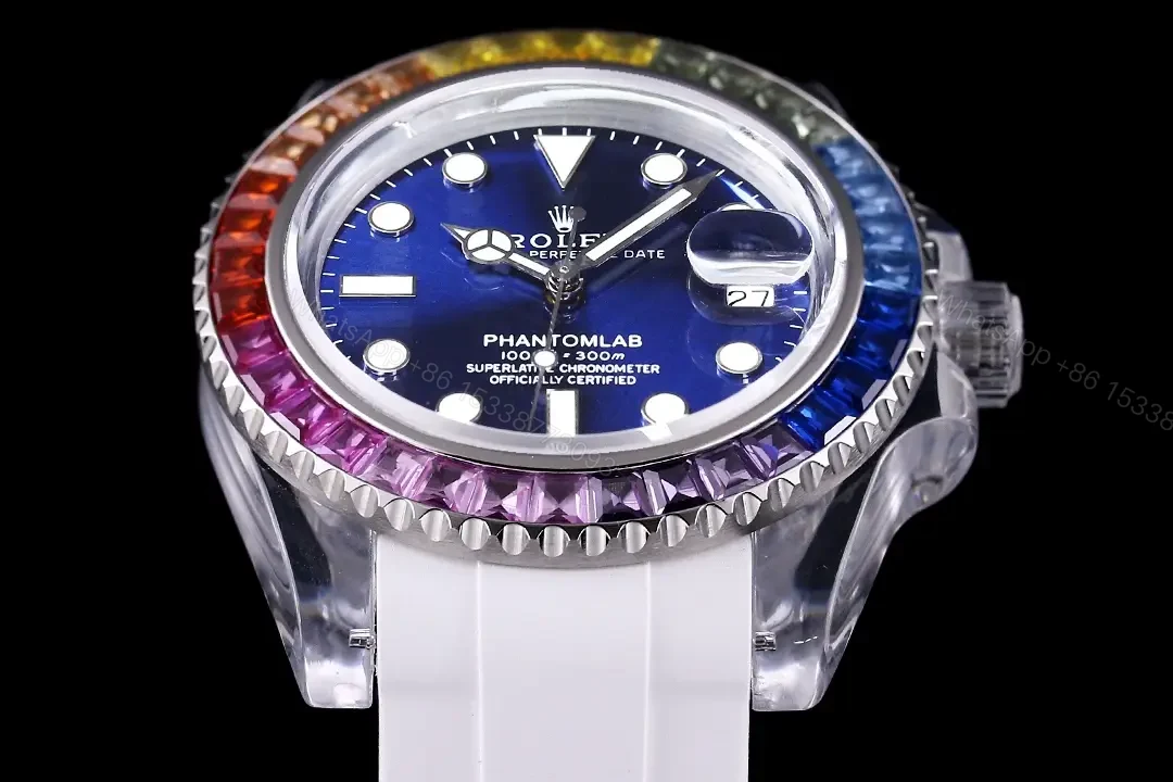 View 3 of Rolex Submariner Date Phantom Blue Rainbow replica 40MM White Rubber Strap Edition RLX-SUB-DATE-PHANTOM-BLUE-RAINBOW-40MM-WHITE-RUBBER-STRAP