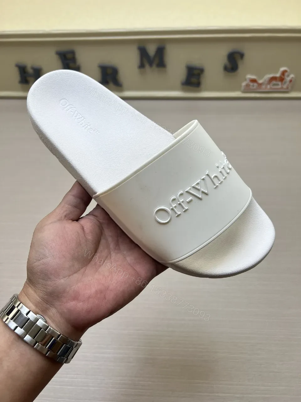 View 4 of White Leather-Feel Slides + Embossed Logo + Minimalist Luxury Sandals