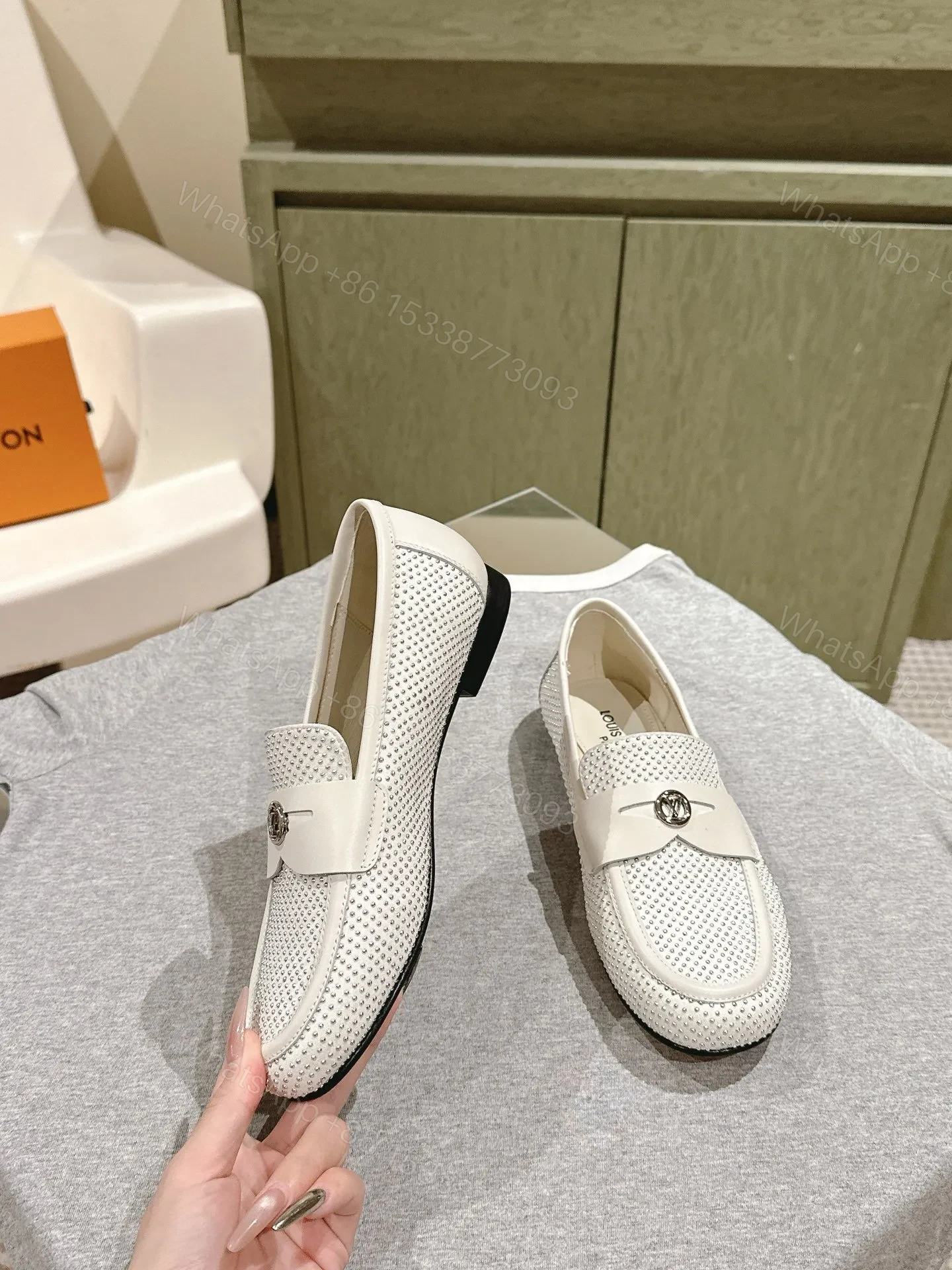 View 4 of LV Women White Leather Studded Loafers