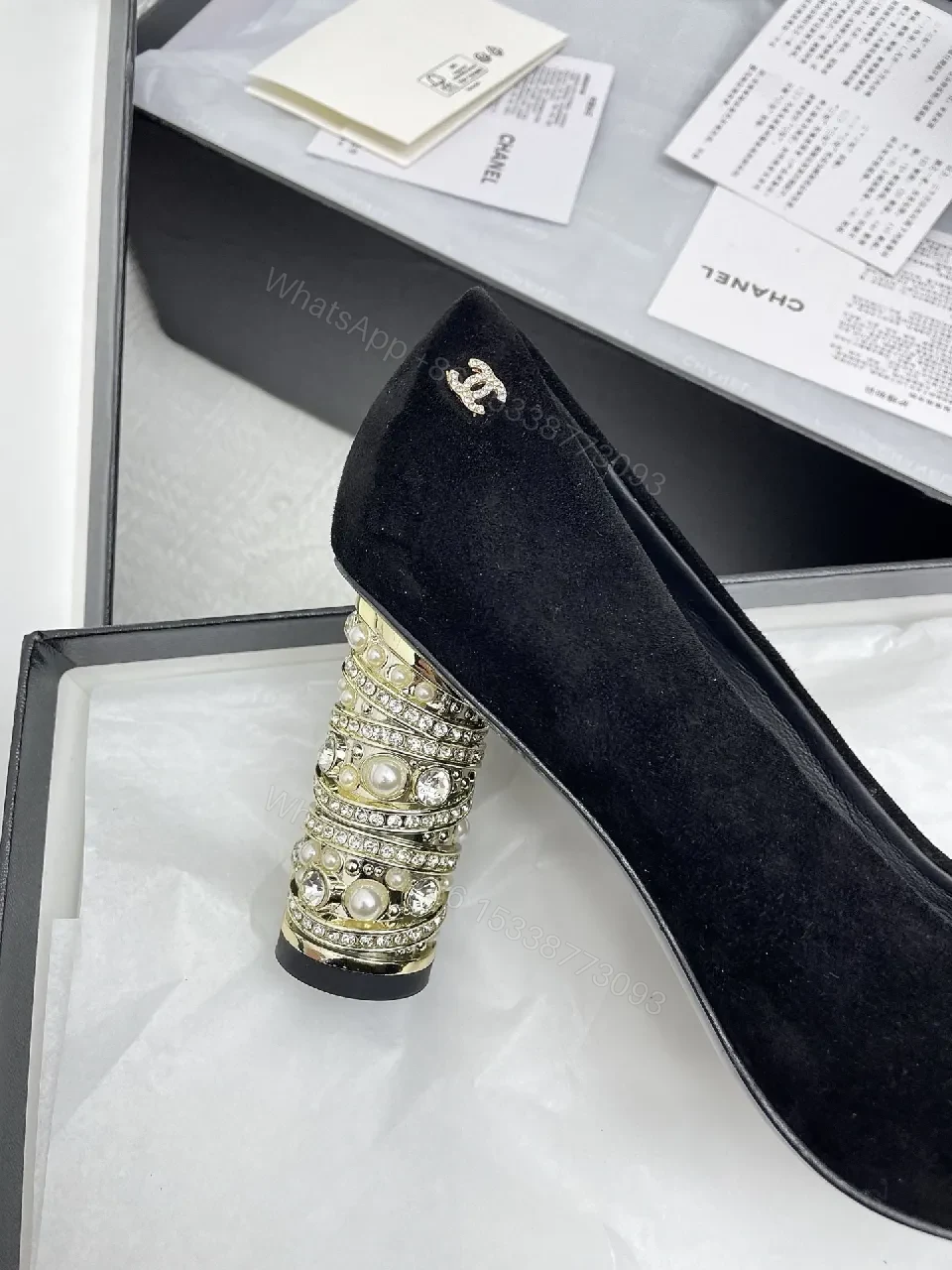 View 6 of Black Velvet Pumps + Velvet + Classic + Bead-embellished Heel + Pump