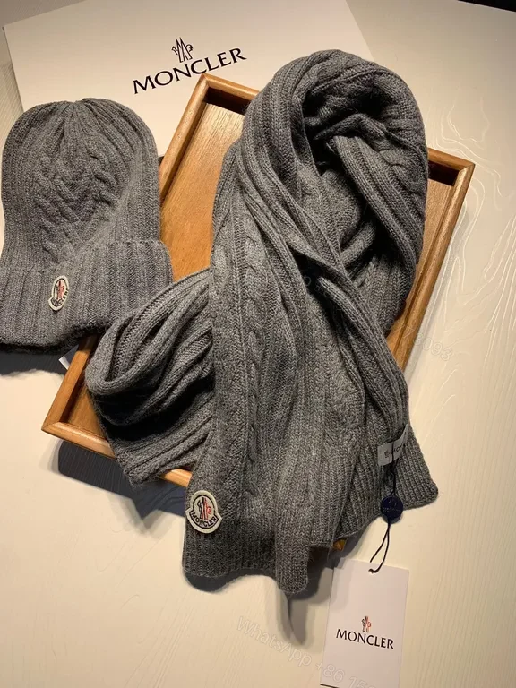 View 6 of Grey Wool-Blend Moncler Knit Beanie & Scarf Set