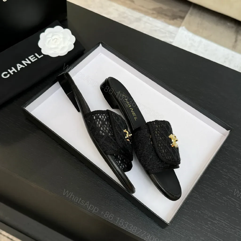 View 3 of Lux Black Chanel-Texture Slide with Gold Logo Accent