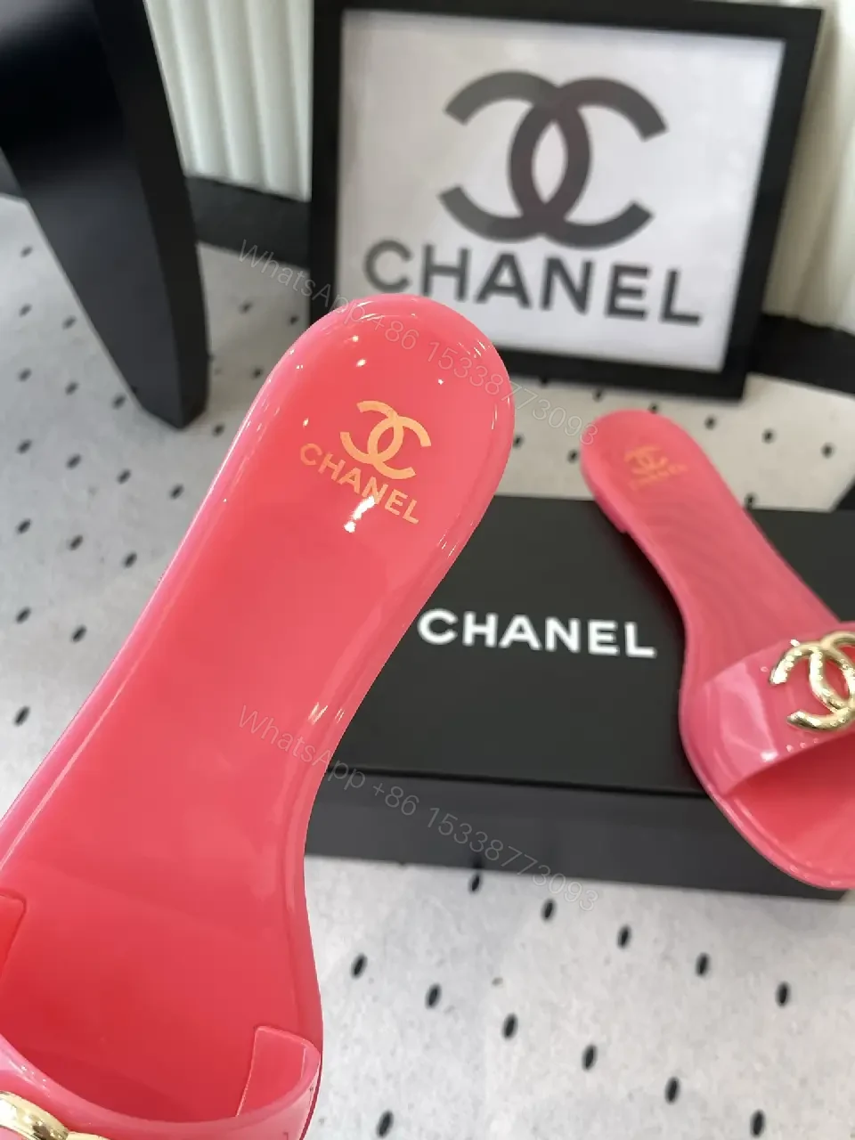 View 3 of Pink Plastic Slide Sandals Gold Logo Chanel Style Luxury Comfort Sandals