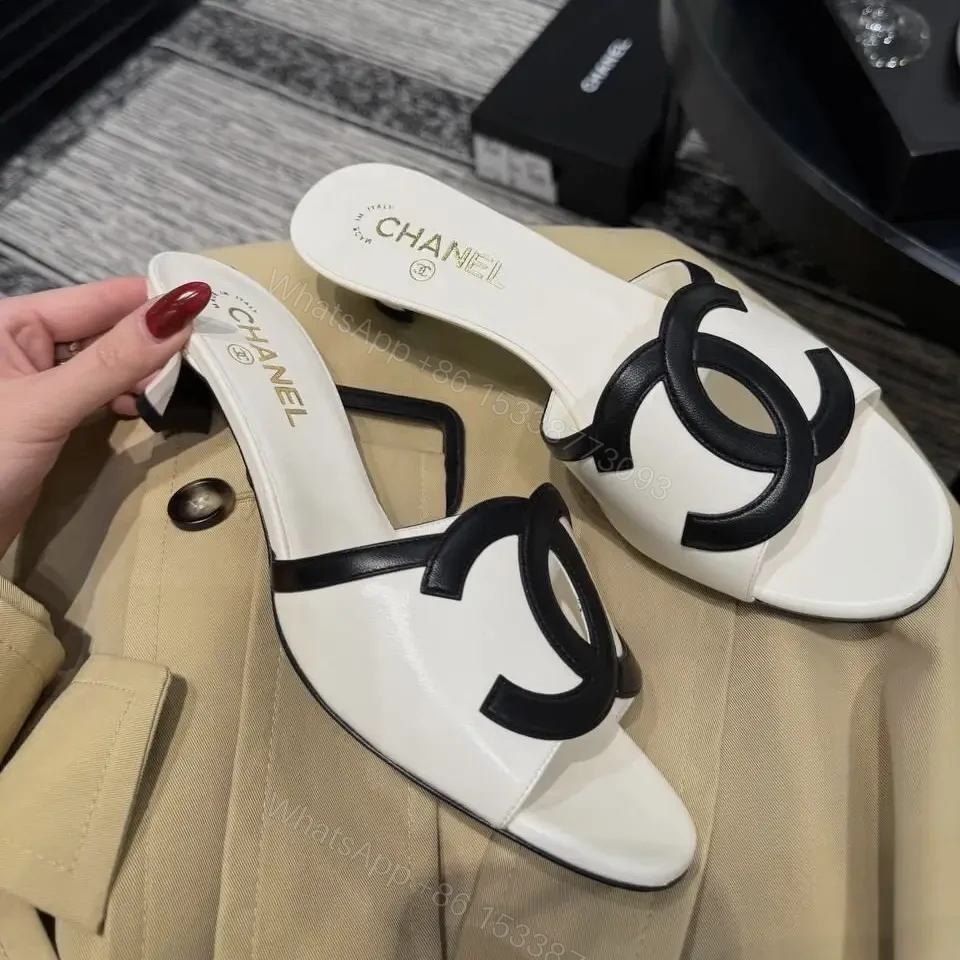 View 9 of Beige Leather Slides Black Logo Chanel Style Sandals