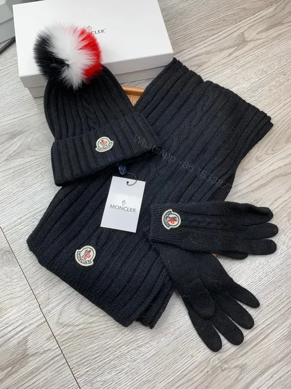 View 5 of Chic Black Wool Cable-Knit Set: Moncler Scarf & Beanie Gloves