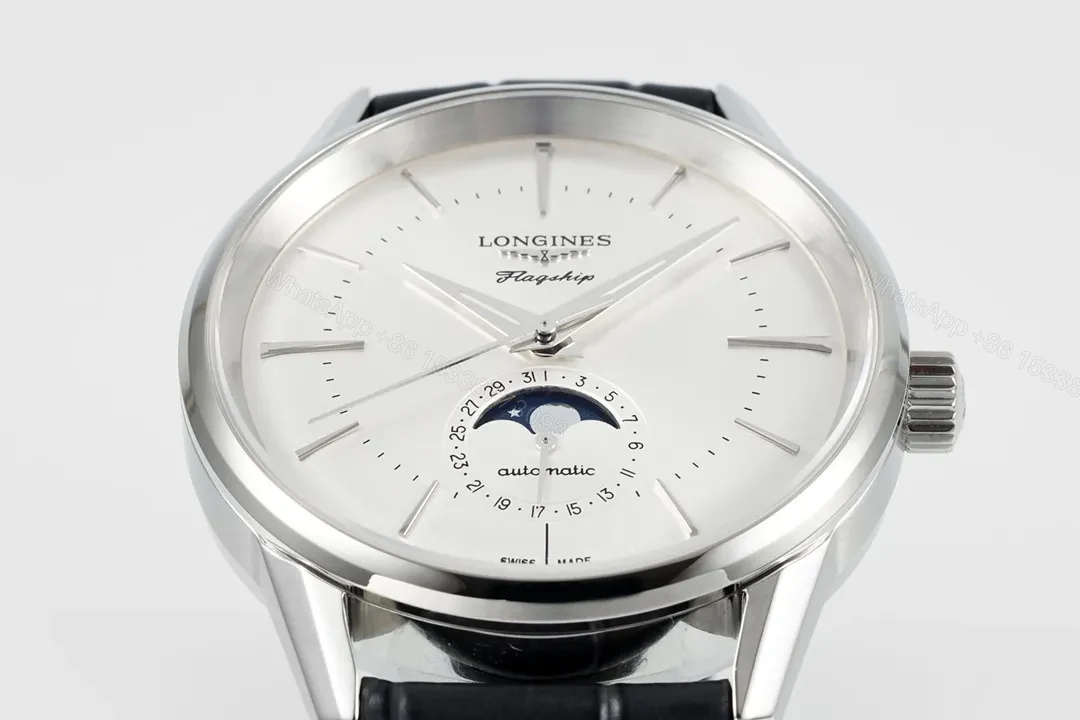 View 4 of Longines Classic Flagship Moonphase Watch Silver Dial Black Leather Strap