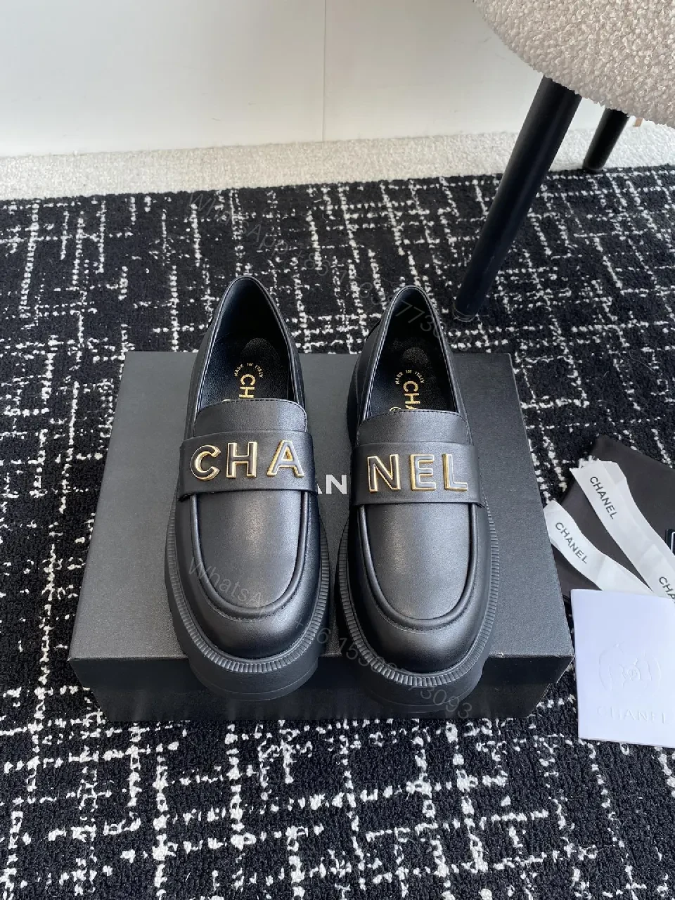 View 7 of Black Leather Loafers with Oversized Gold Logo, Luxe-Edged, Slip-On Shoes