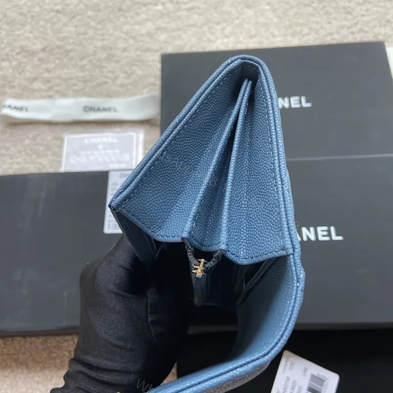 View 9 of Blue Quilted Denim Wallet: Chanel-Style, Gold Hardware, Compact Luxury