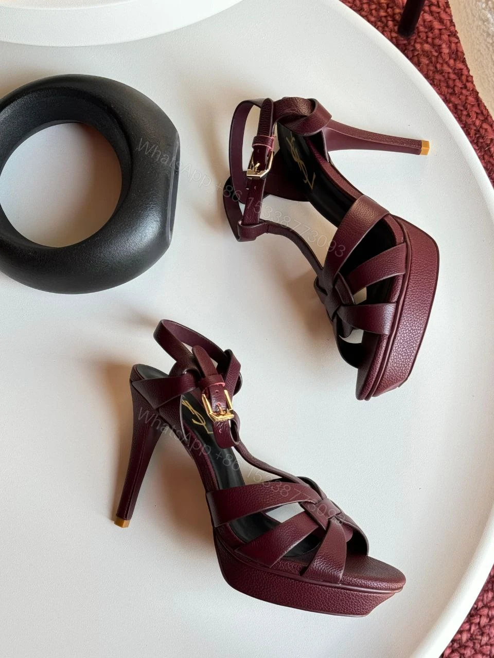 View 2 of Saint Laurent Burgundy Leather Tribute Sandals