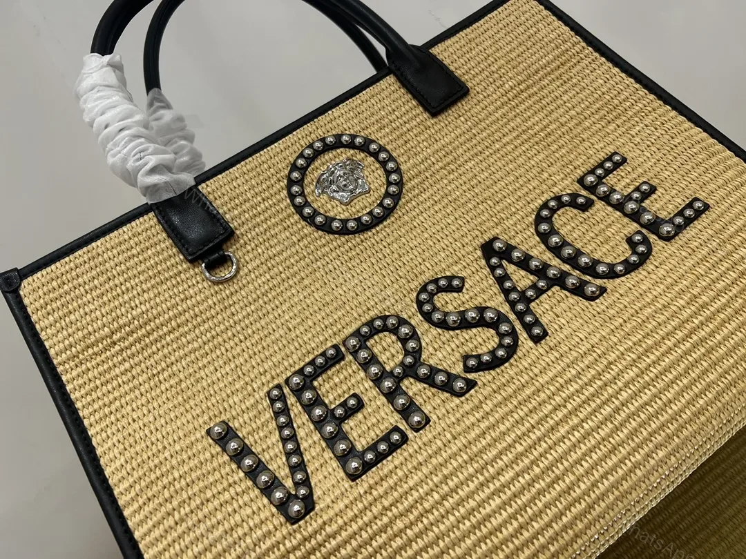 View 7 of Raffia Tote with Studded Logo Leather Trim Tote