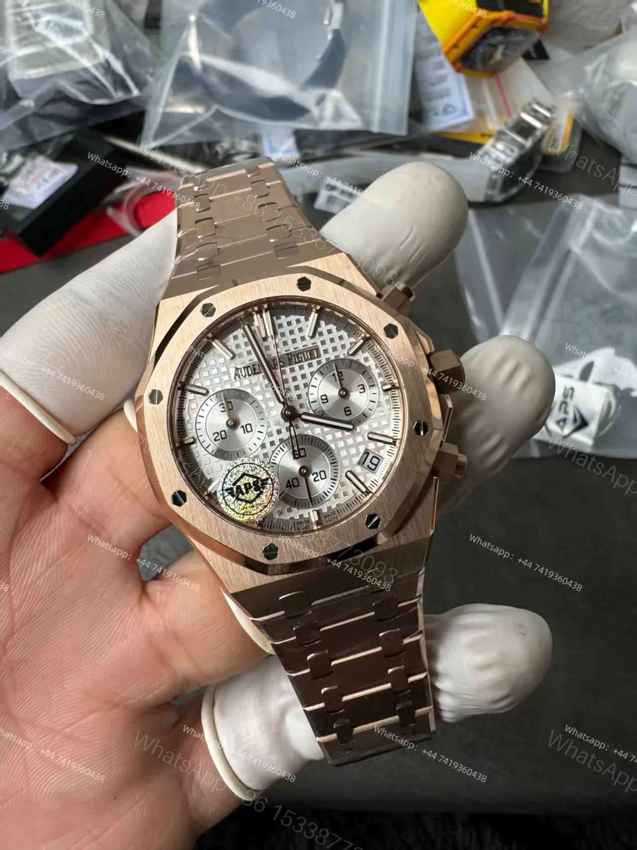 View 13 of Audemars Piguet Super Clone Royal Oak Rose Gold White Dial 26240 Chronograph 41mm Cal.4401