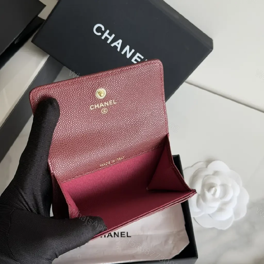 View 11 of Burgundy Quilted Leather Wallet — Gold Logo, Compact Bifold
