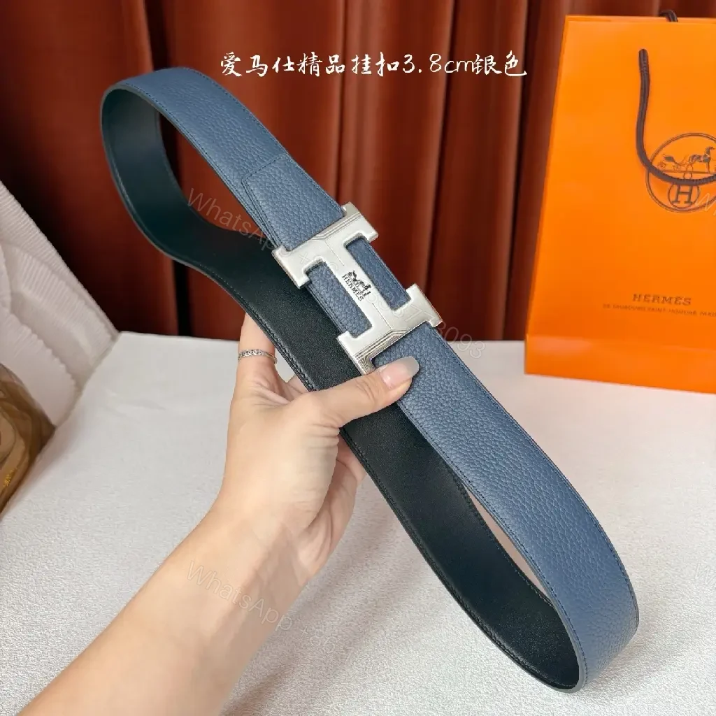 View 3 of Blue Leather Belt with H Buckle – Premium Everyday Luxury Belt