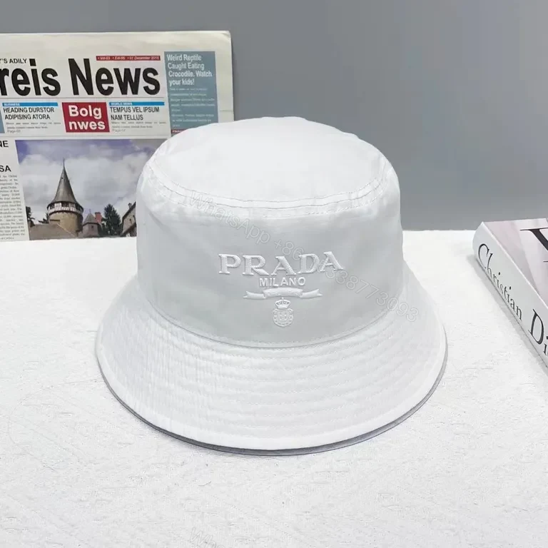 View 2 of Pink Velvet Bucket Hat with Prada Milano Logo - Everyday Luxury