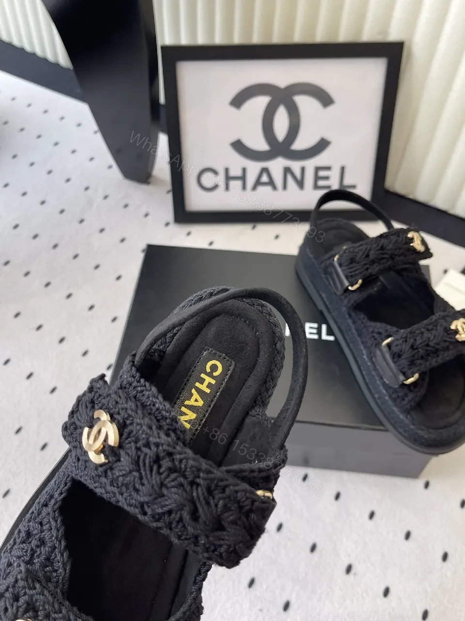 View 9 of Crochet-Texture Sandals with Gold Logo Accents – Luxury Everyday Wear
