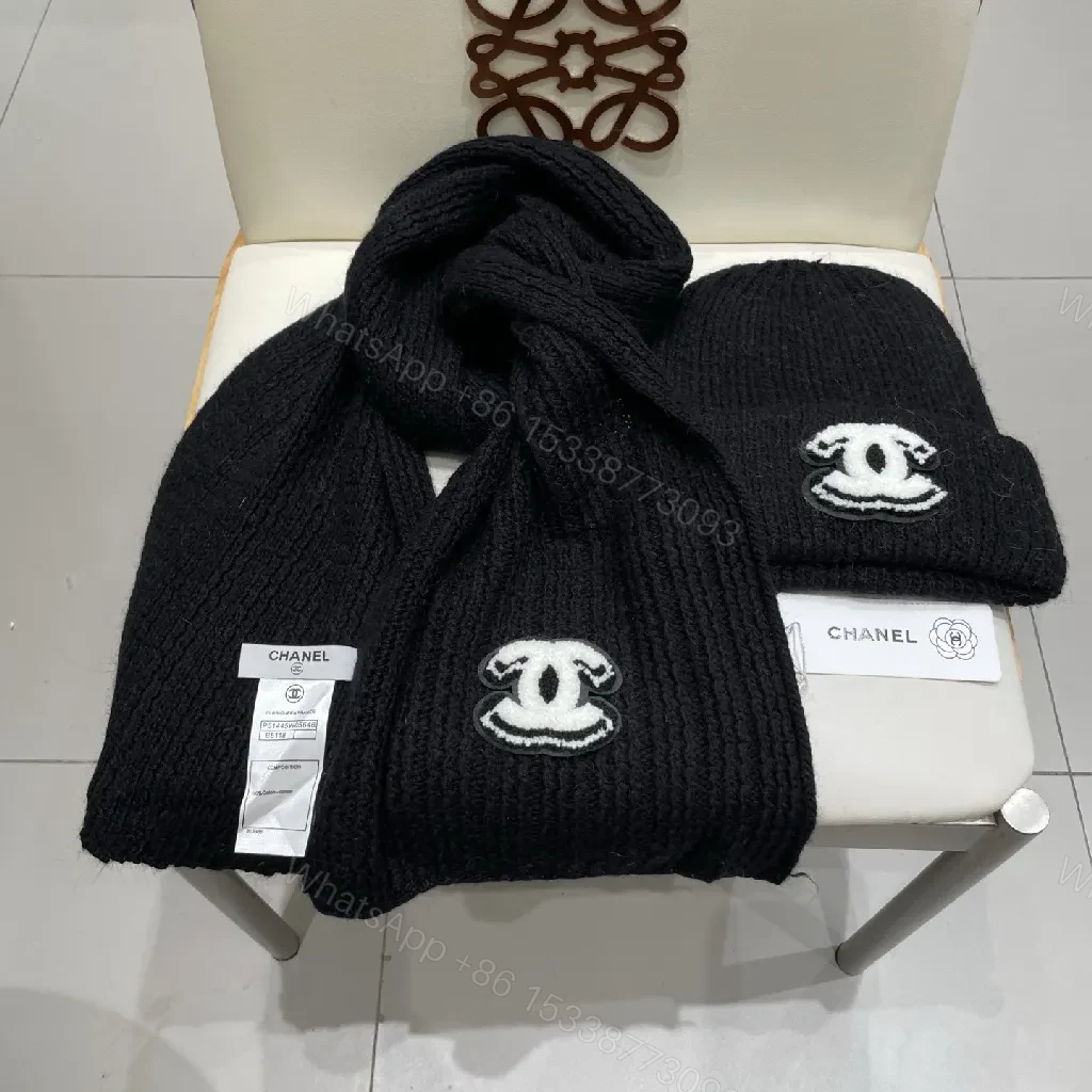 View 8 of Luxe Black Knit Set: Beanie & Scarf with Emblem