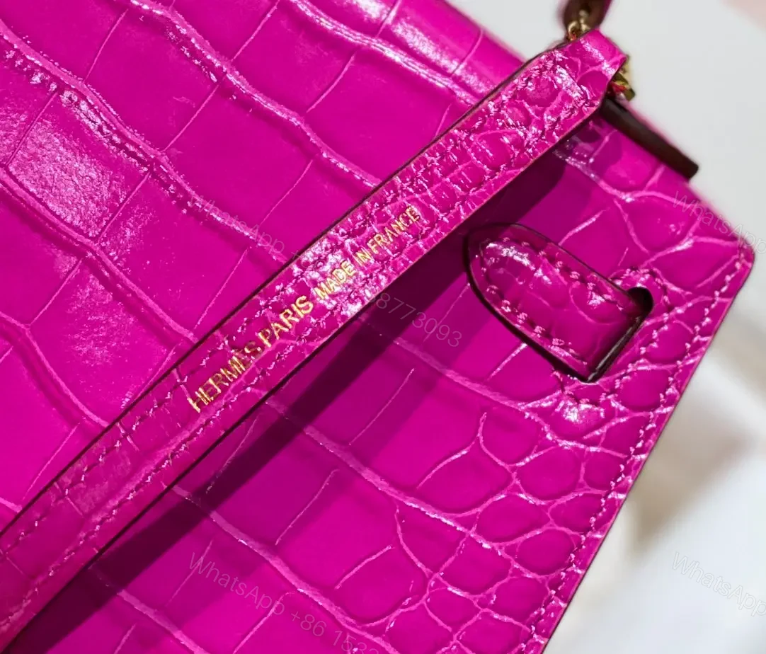 View 8 of HN MINI IN DEEP MAGENTA CROCODILE SKIN GOLD HARDWARE