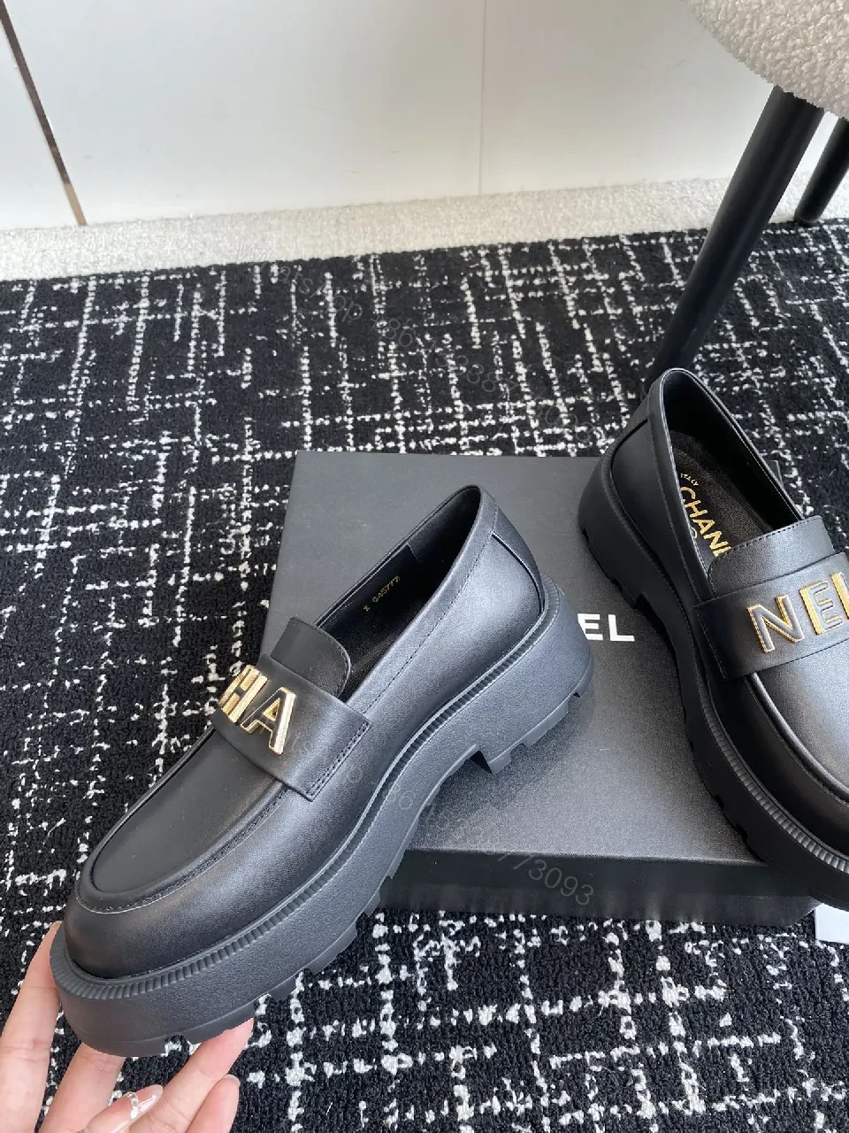 View 5 of Black Leather Loafers with Oversized Gold Logo, Luxe-Edged, Slip-On Shoes