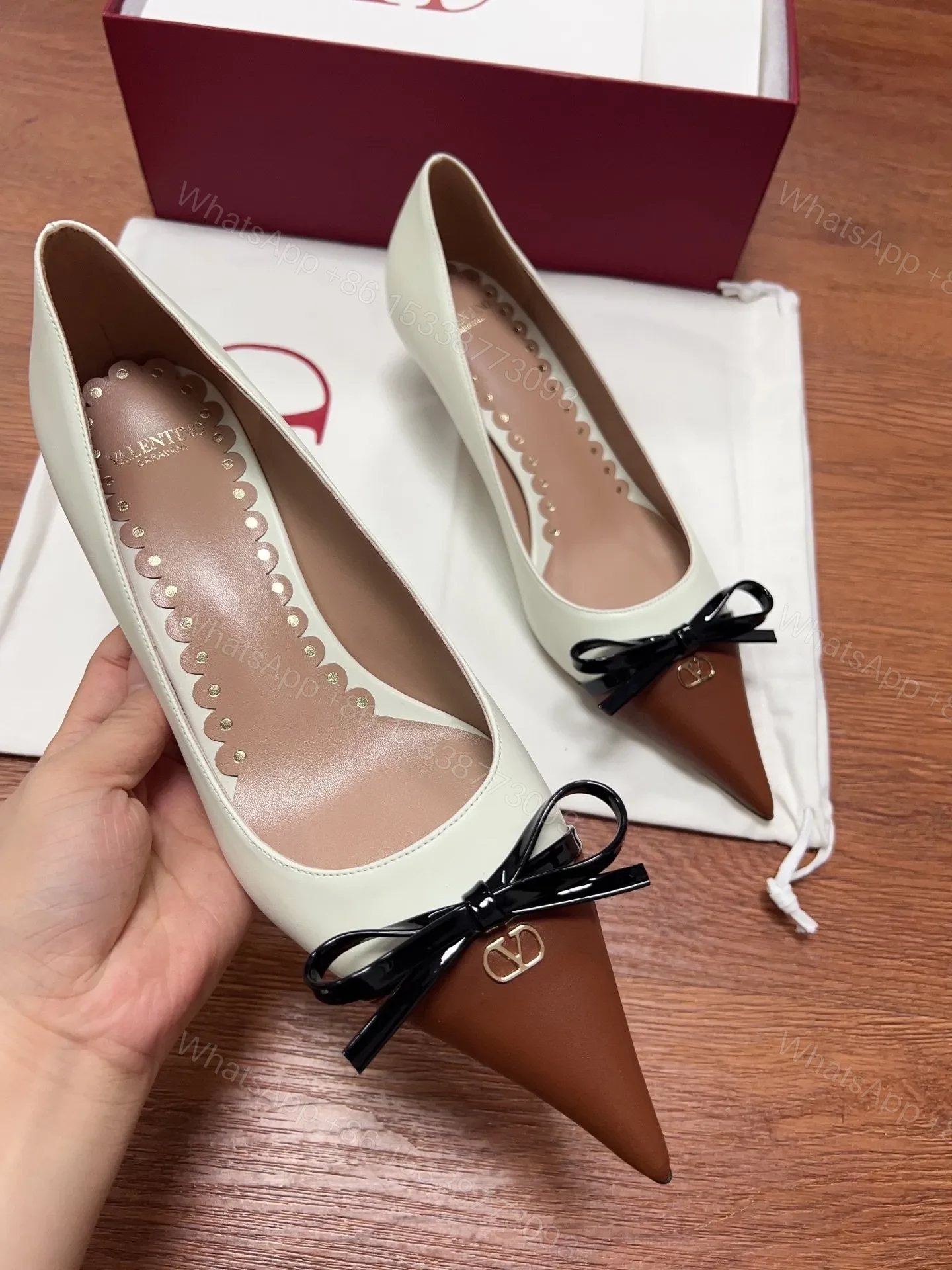 View 5 of Valentino Women Ivory Leather Brown Patent Heels