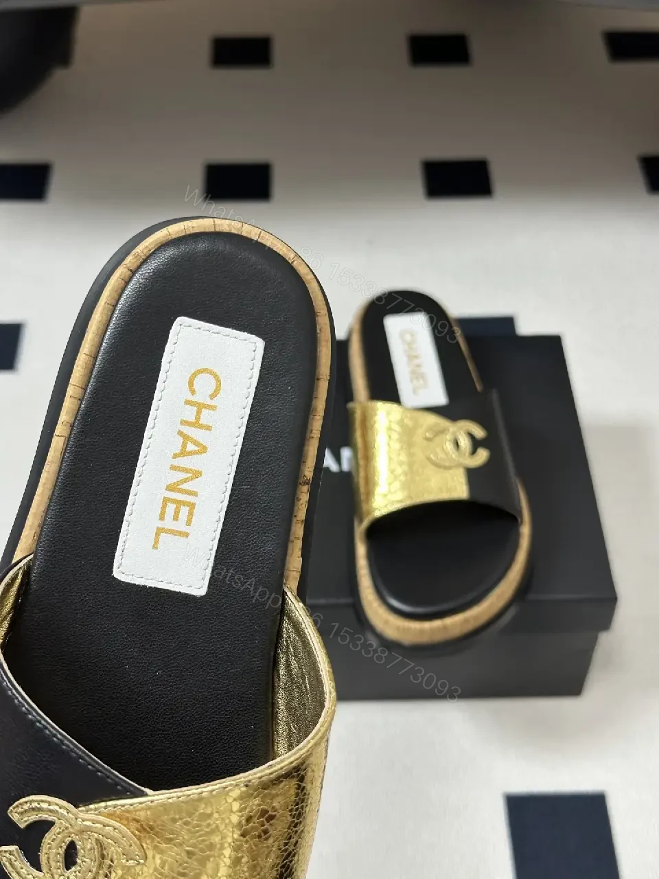 View 2 of Black Leather Luxury Chanel Logo Slide Sandals