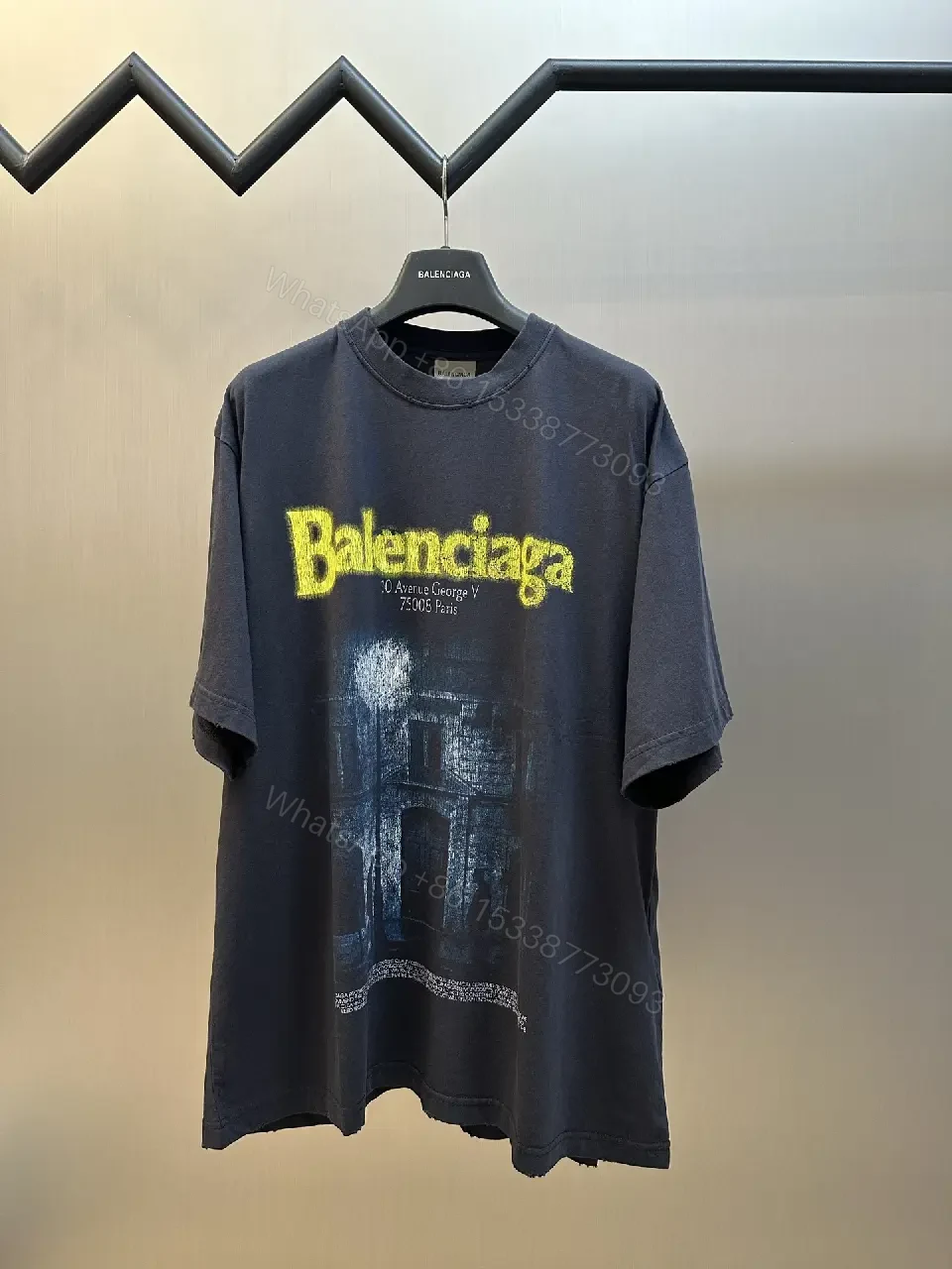 View 9 of Dark Navy/Black Oversized Tee with Yellow Balenciaga Logo Graphic