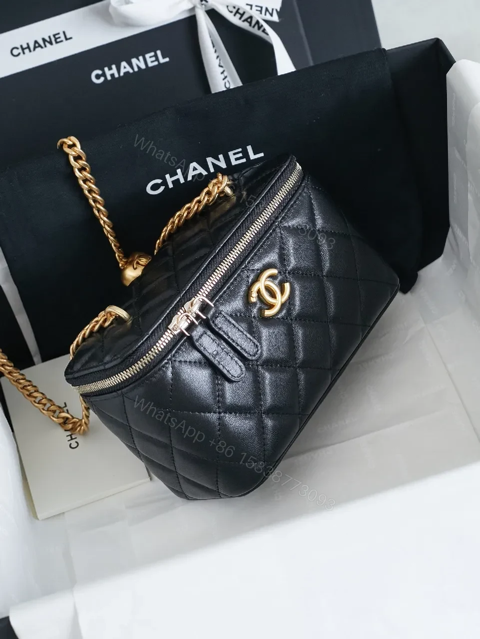 View 9 of Quilted Black Crossbody Bag + Gold Chain + Compact Luxury Bag