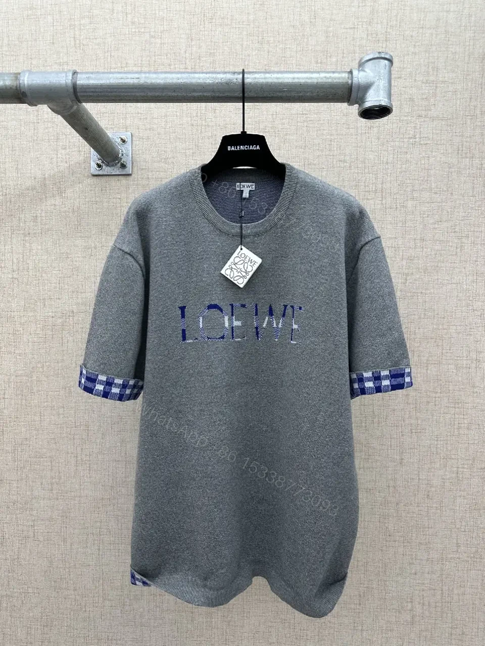 View 10 of Grey Knit Dress with Logo & Gingham Cuffs - Luxe Streetwear Style