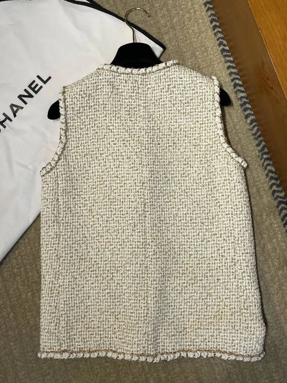 View 8 of Cream Bouclé Vest, Gold Buttons, Textured Luxe Style, Buttoned Front Vest