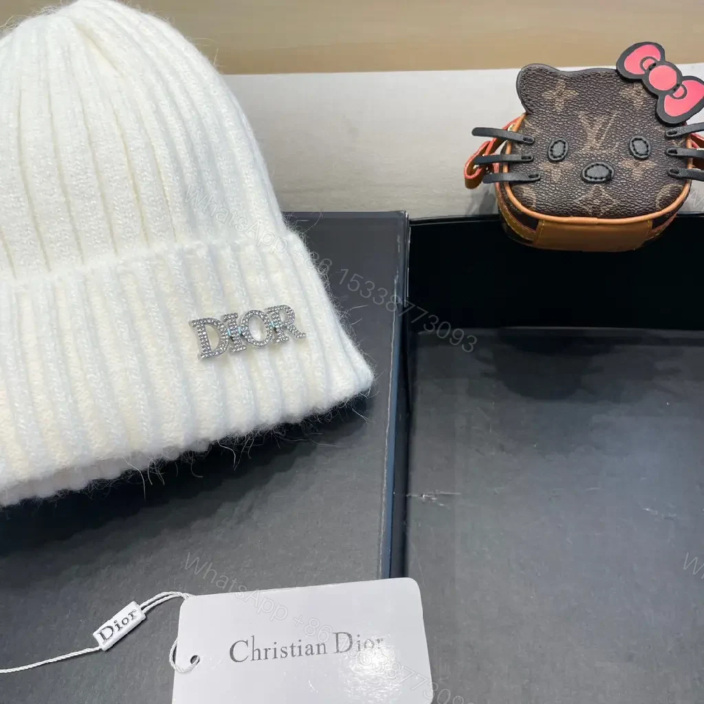 View 8 of White Knit Beanie with Dior Embellishment: Cozy Luxury