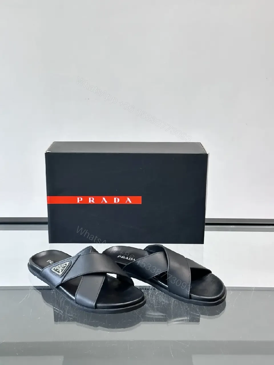 View 7 of Black Leather Slides Prada Logo Slide Sandals Comfort Fit Sandals