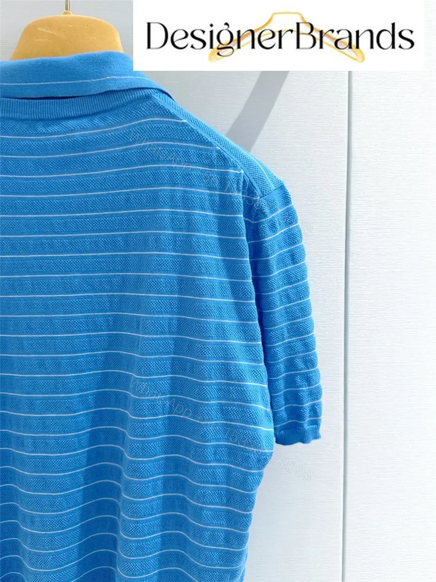 View 6 of Miu Miu Blue and White Striped Cotton V-Neck Knit Sweater