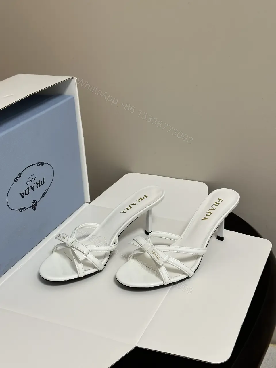View 2 of White Leather Sandals Shoes with Knot Straps - Prada Style Heels