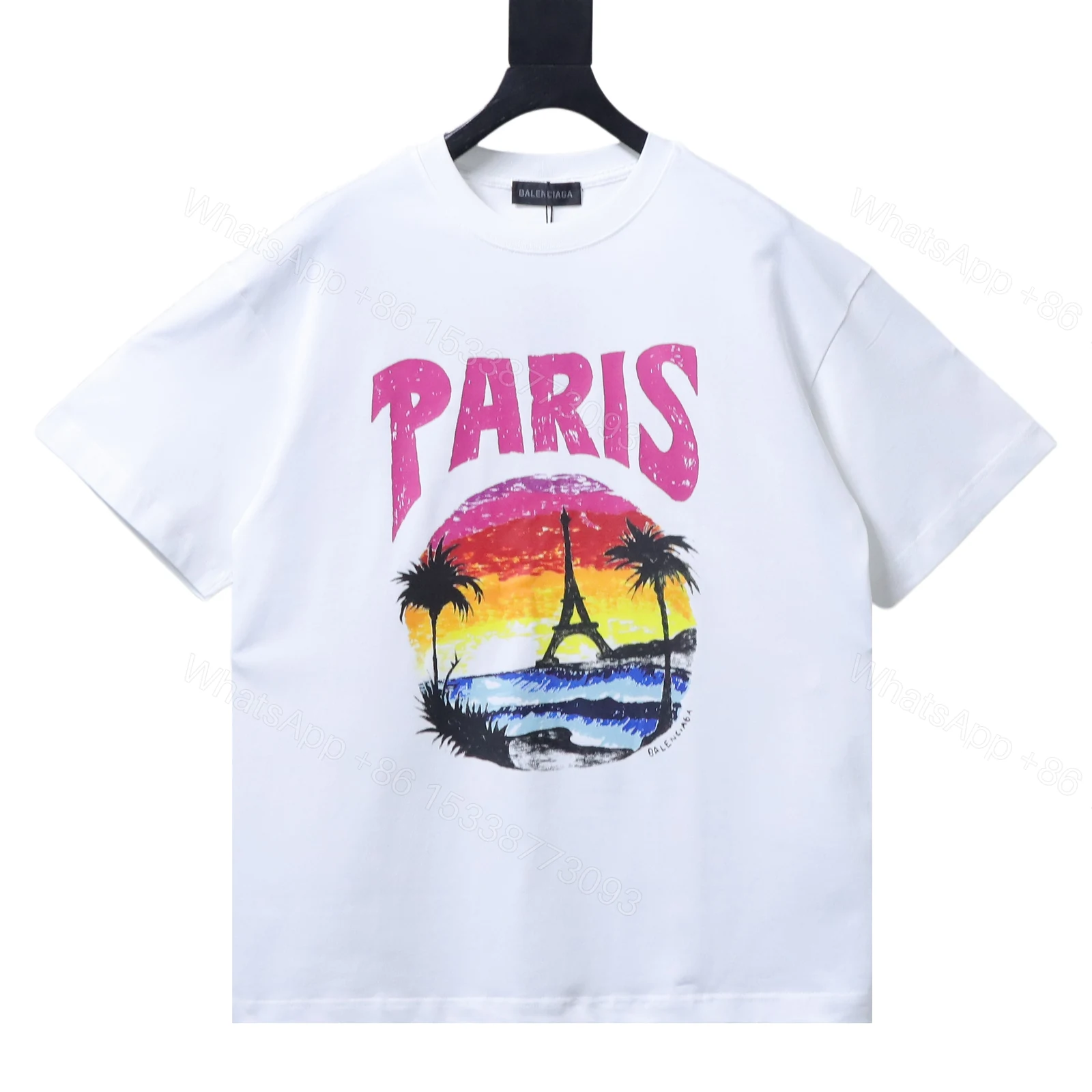 View 11 of Balenciaga Clothes Paris Beach Nightscape Eiffel Tower Print Short-Sleeve T-Shirt white