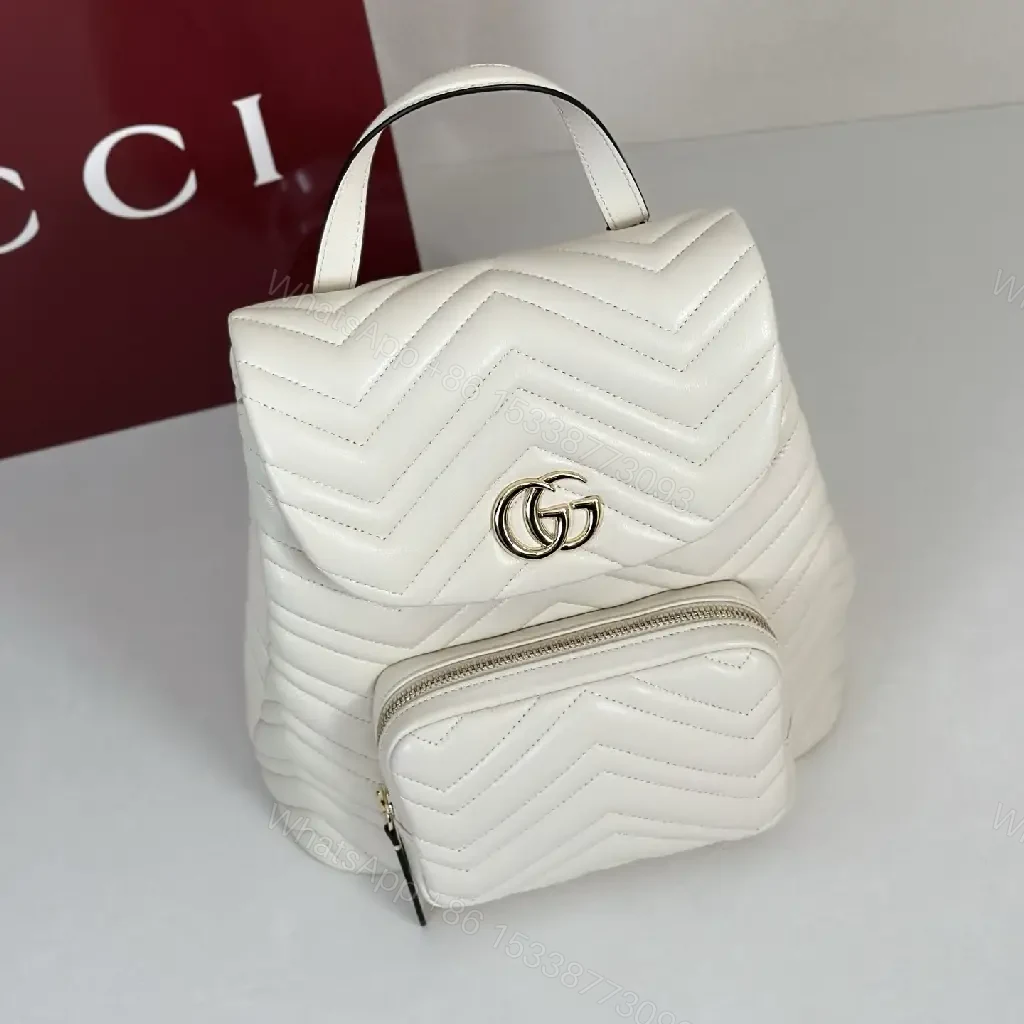 View 6 of Off-White Cream Quilted Chevron Backback with Gold Logo Flap