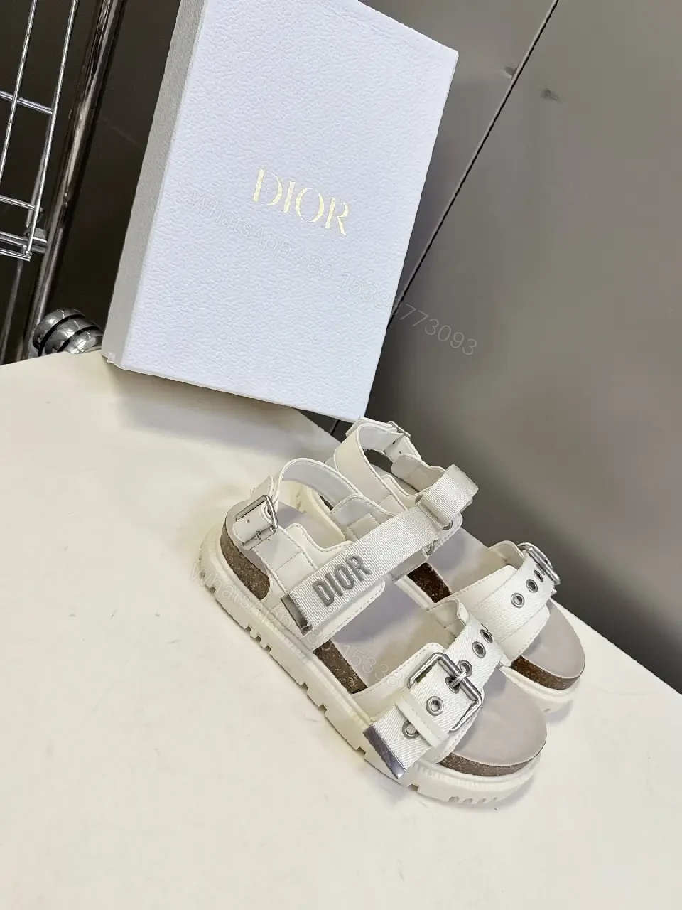 View 3 of White Leather Sandals, Combat Buckle, Dior Inspired Style, Open Toe Sandals