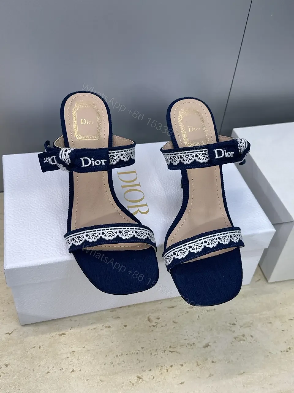 View 7 of Navy Satin Lace-Trim Heeled Sandals - Open-Toe Stiletto