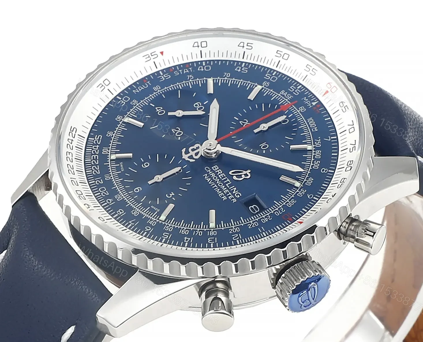 View 4 of GF Factory Breitling Navitimer B01 Chronograph 43mm Blue Dial Stainless Steel Leather Strap Watch