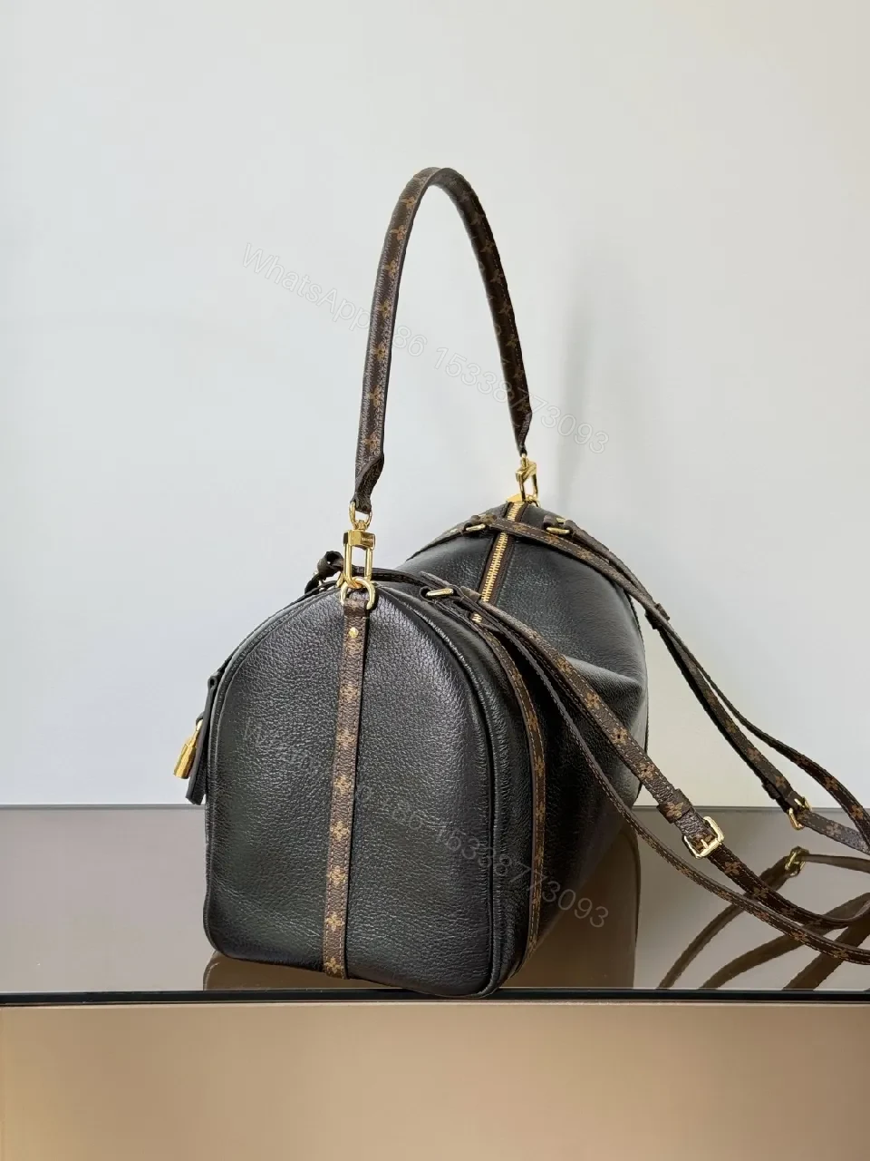 View 4 of Structured Leather Satchel: Monogram Accents, Gold Hardware, Everyday Utility