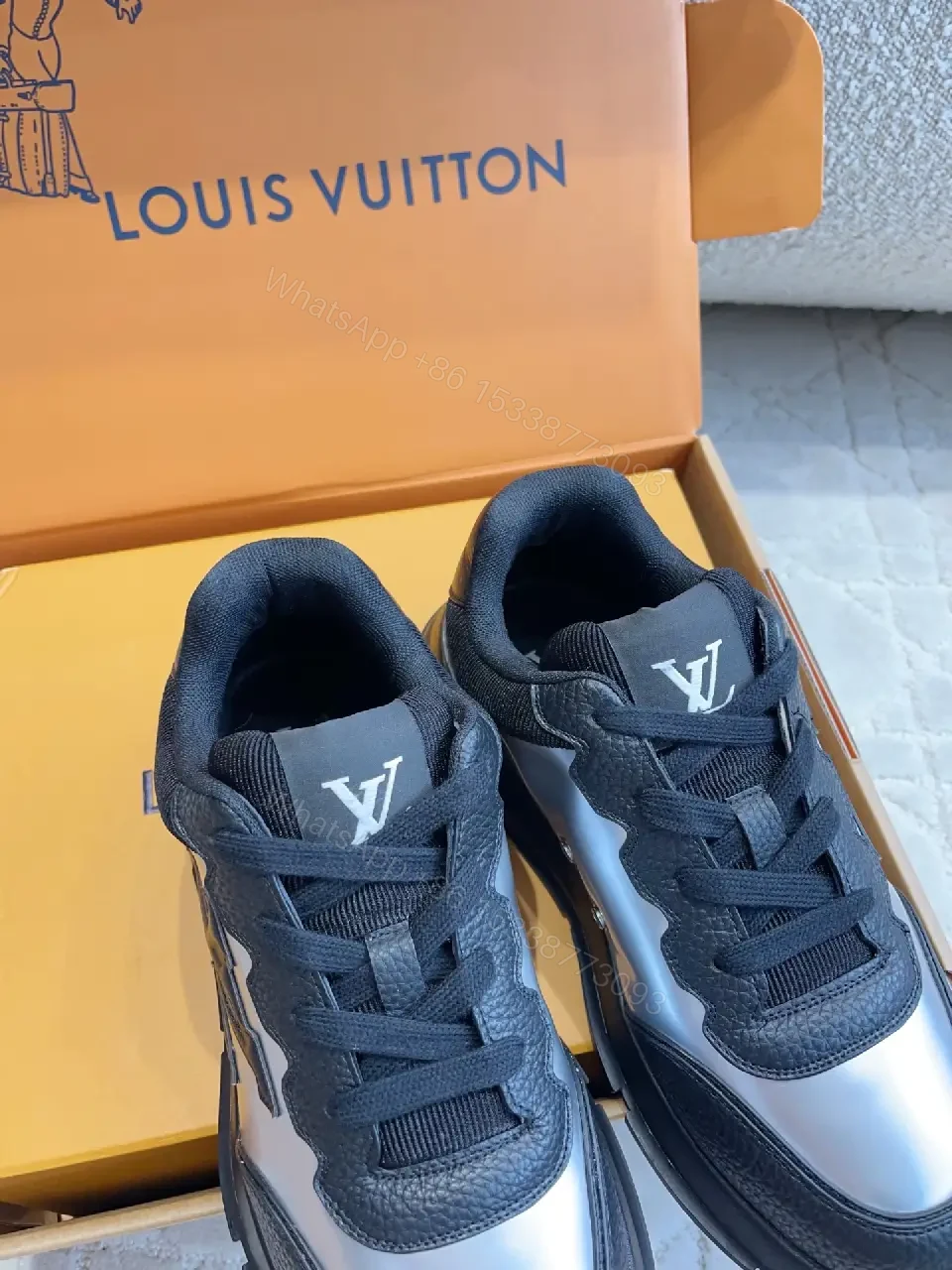 View 6 of Black Silver Leather Chunky Sneakers with LV Logo, Louis Vuitton Style