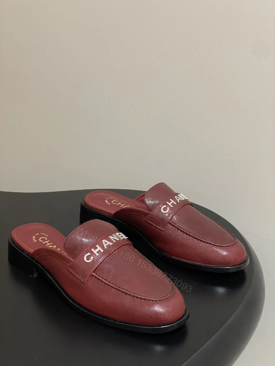 Burgundy Leather Mule Slides with Signature Logo Billet — view 1