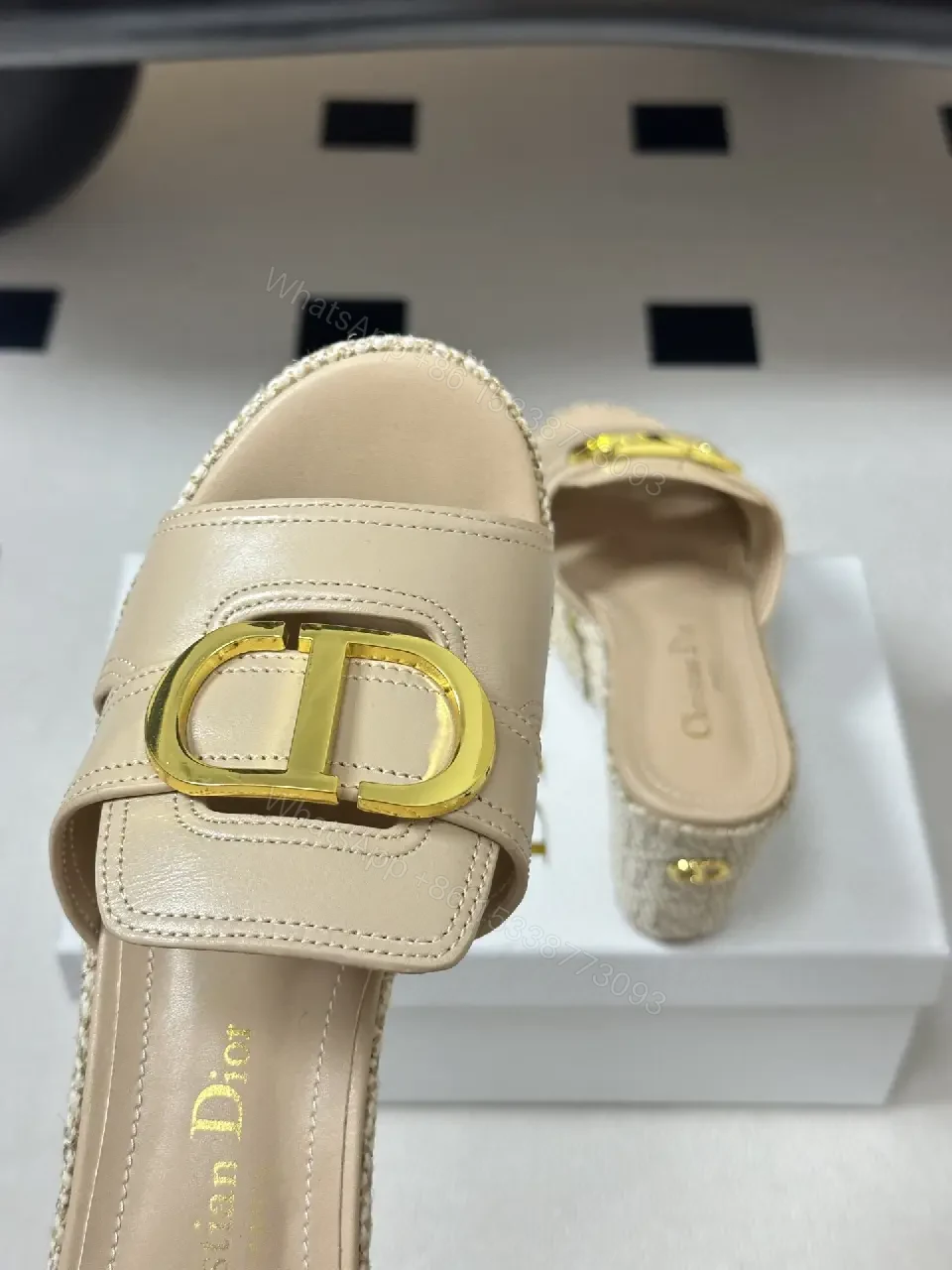 View 2 of Beige Leather Woven Wedge Sandals Dior-Style Gold Buckle Sandal