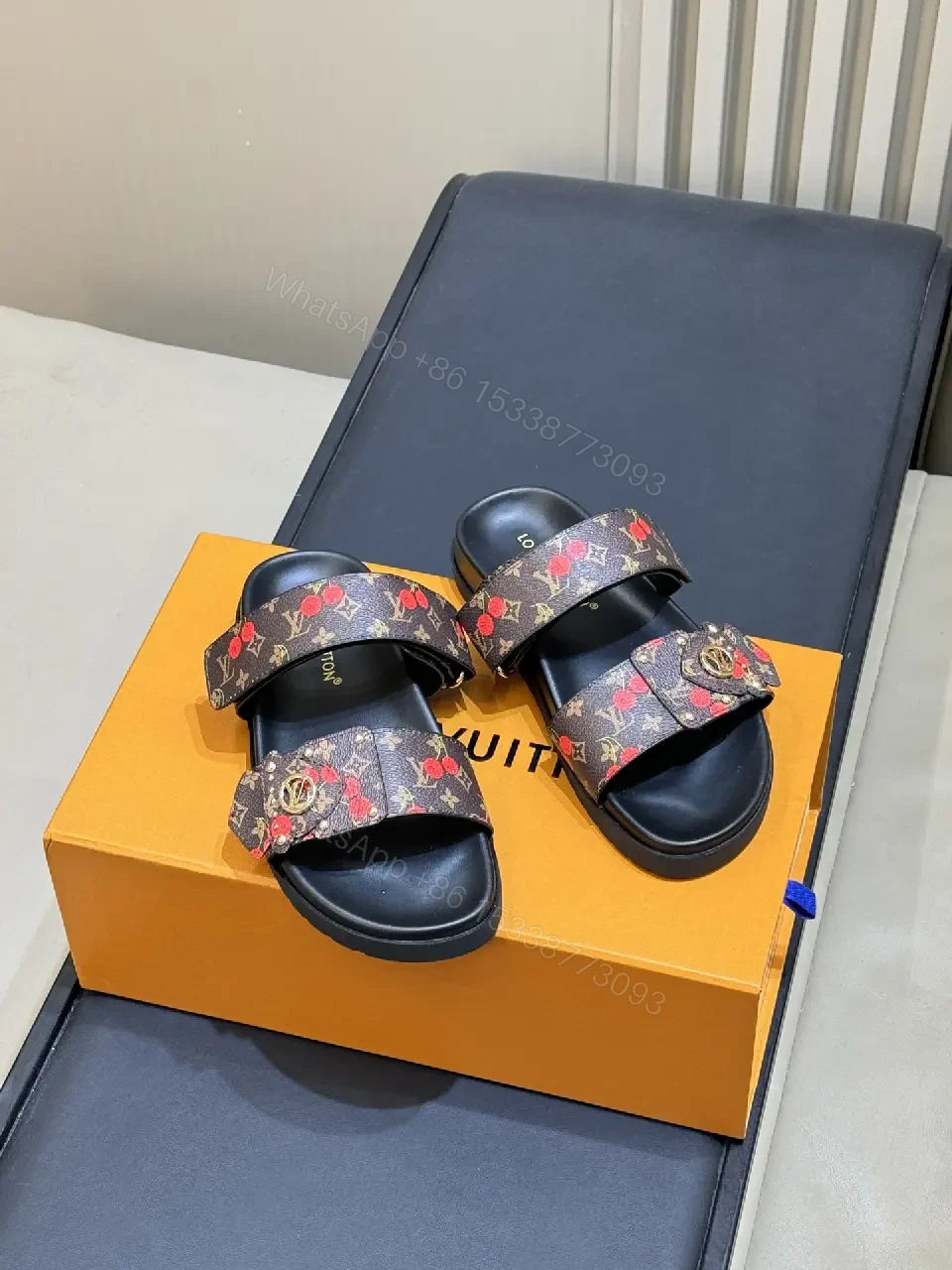View 3 of Black Monogram Leather Sandals Signature Strap Louis Vuitton Slide Slides