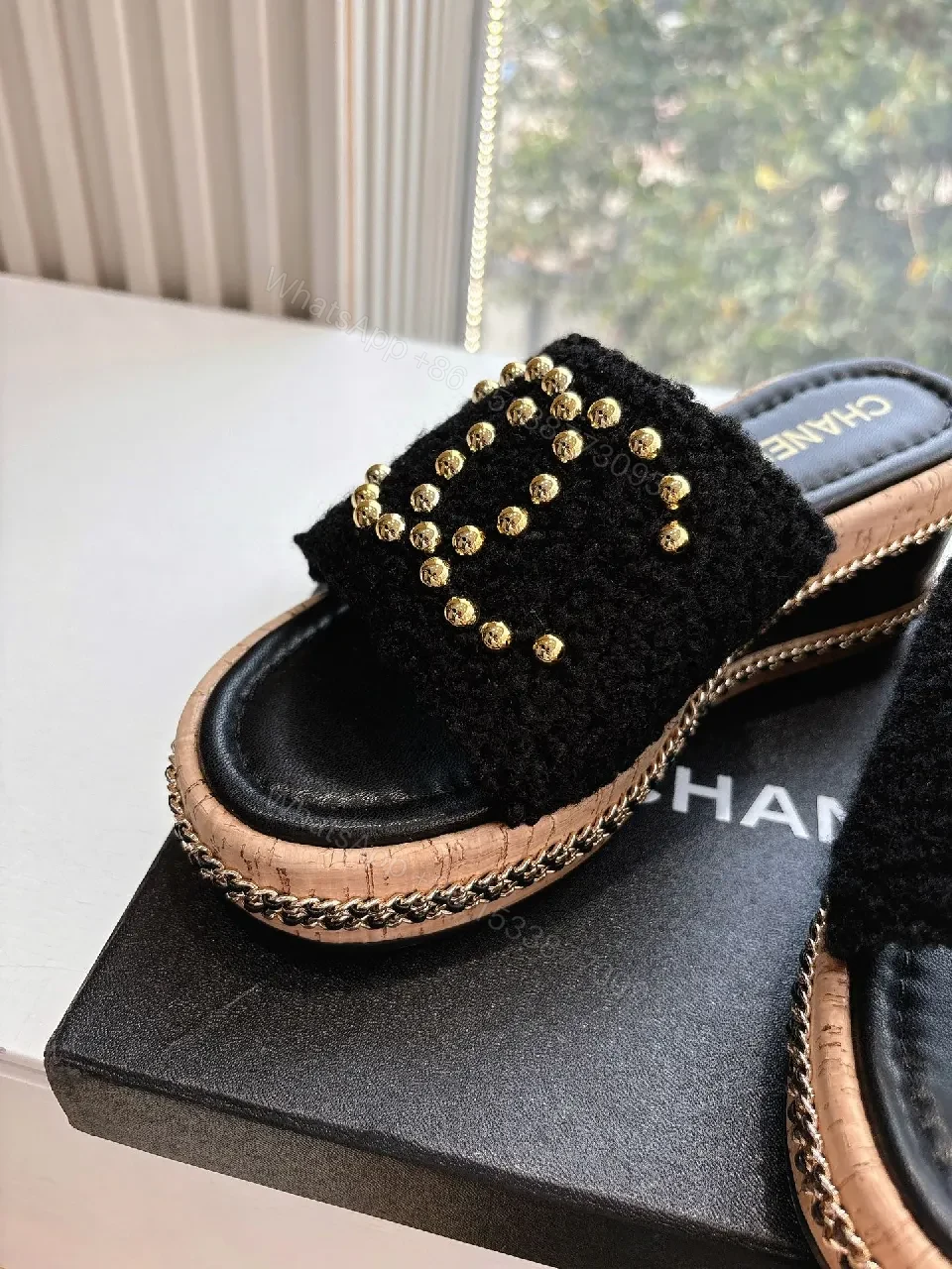 View 9 of Textured Black Sandals with Gold Bead Embellishment