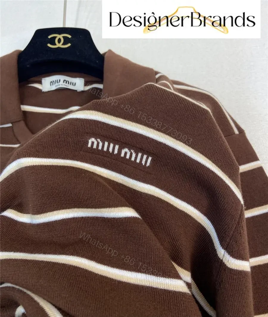View 7 of Warm-Brown Ivory Striped Polo Knit: Lightweight, Structured Comfort