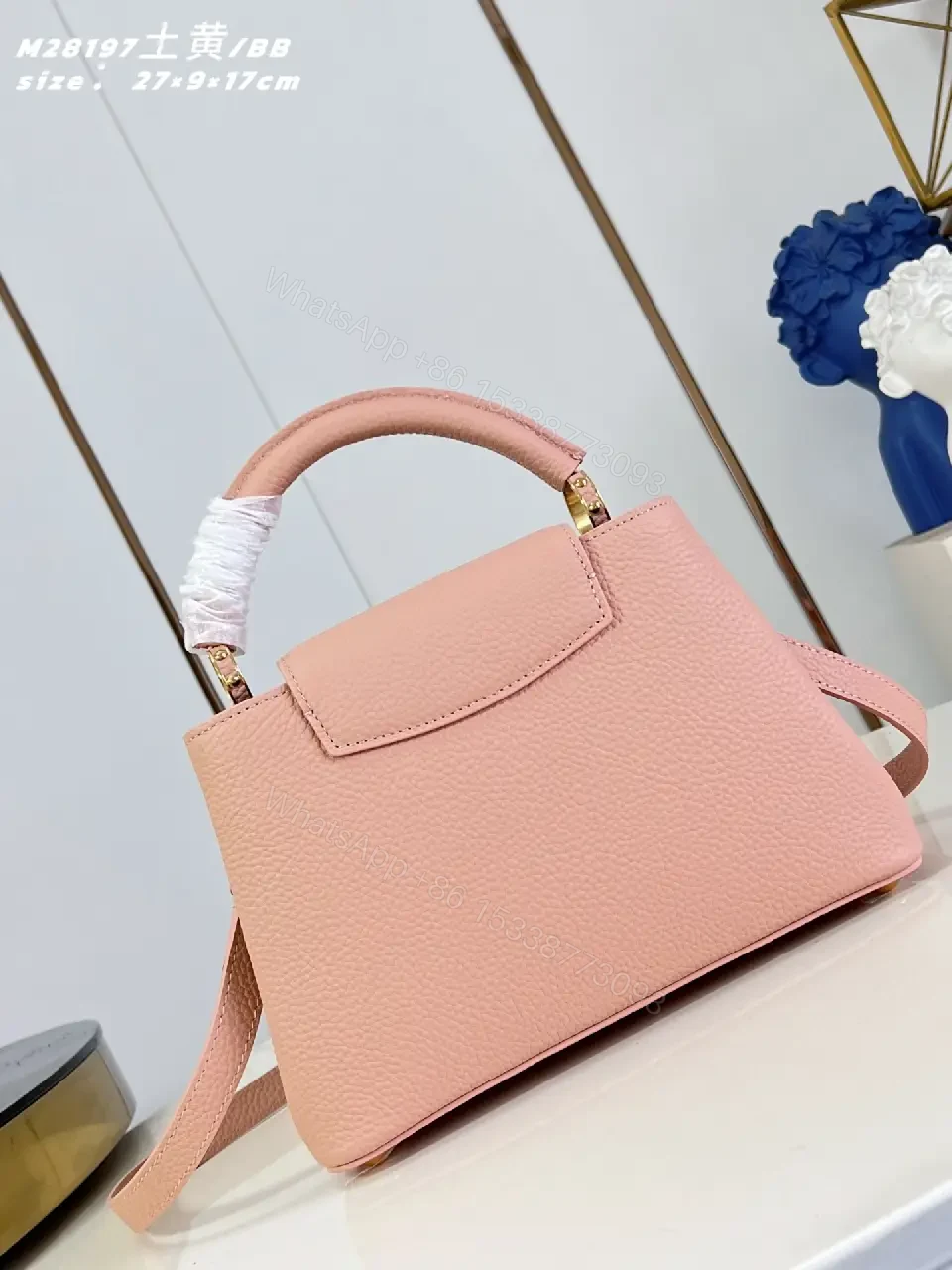View 4 of Soft Pink Textured Handbag with Gold Hardware— Elegant Everyday Luxe