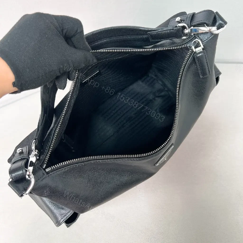 View 2 of Black Leather-Look Modern Hobo Shoulder Bag with Logo Closure