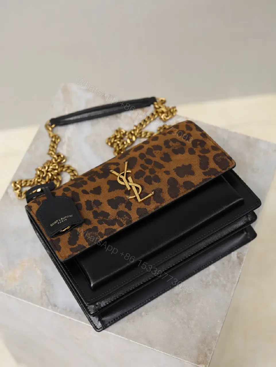 View 7 of Leopard Print Flap Bag with Gold Monogram Chain Strap