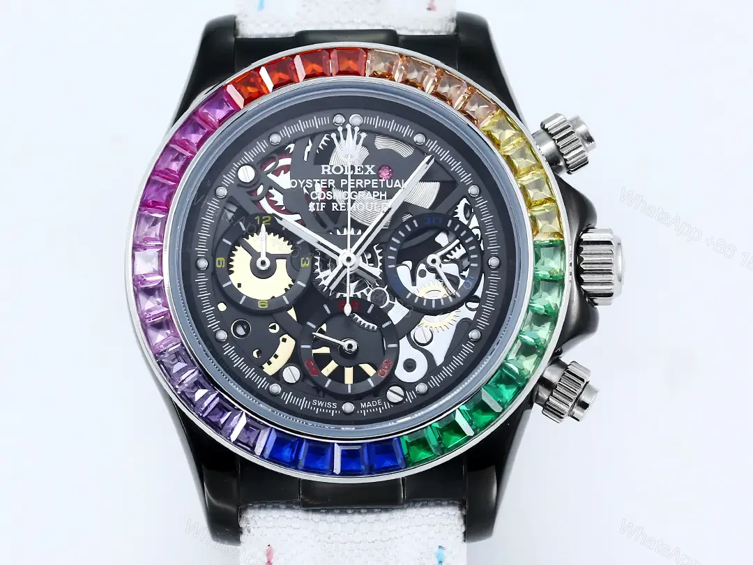 View 2 of Rolex Daytona Rainbow Skeleton White Strap replica 43MM Fabric Strap Edition RG-DAYTONA-RAINBOW-SKELETON-WHITE-STRAP-43