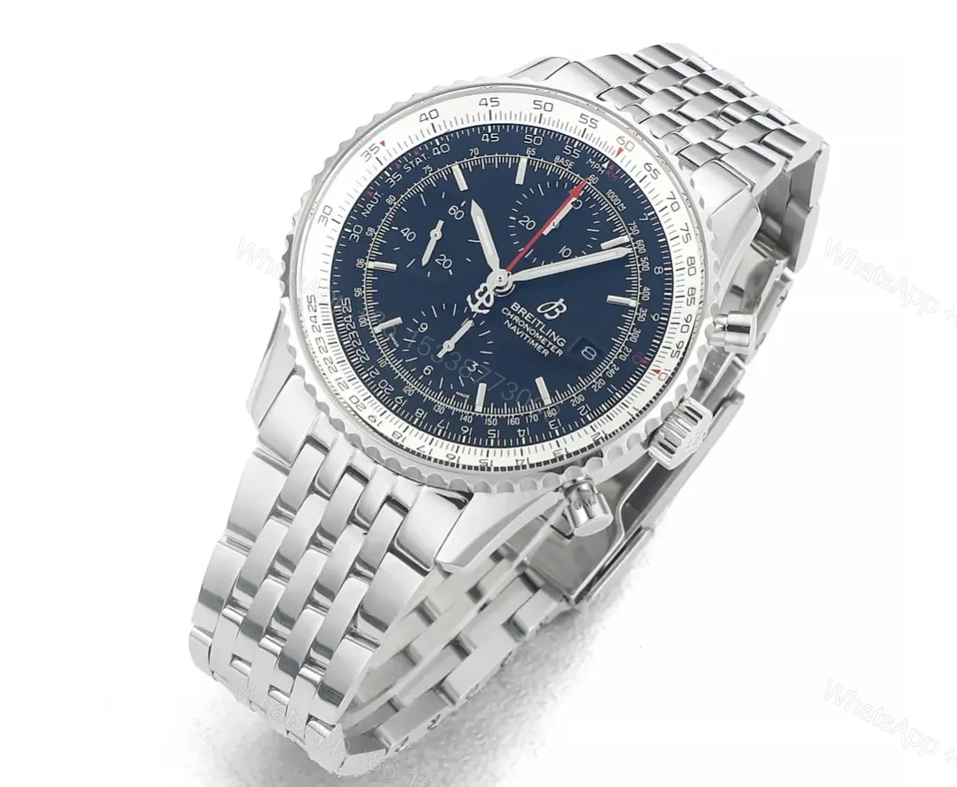 View 2 of OM Factory Breitling Navitimer Chronograph Watch – 43mm, Stainless Steel, Blue Dial, Pilot Style
