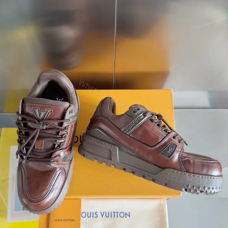 View 3 of Premium Leather Trail Sneakers: Burgundy, LV-Inspired Detail, All-Day Comfort